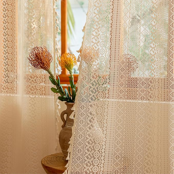 Sutuo Home Beige Boho Vintage Lace Curtains 108 inches Long - Image 8