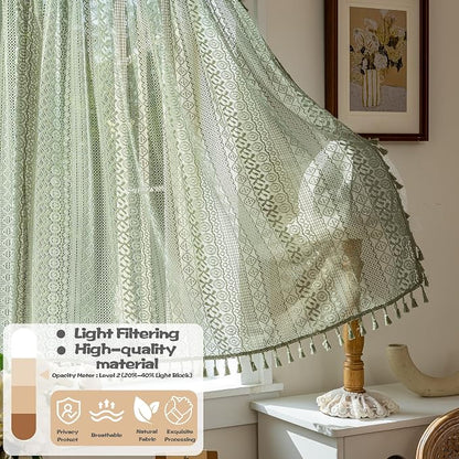 Sutuo Home Sage Green Lace Boho Curtains Drape 2 Panels 45 Inch Length | Semi - Image 5