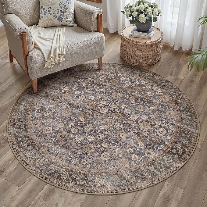 5ft Round Brown Blue Vintage Floral Washable Rug by HUGEAR