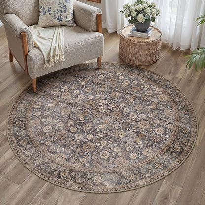 5ft Round Brown Blue Vintage Floral Washable Rug by HUGEAR