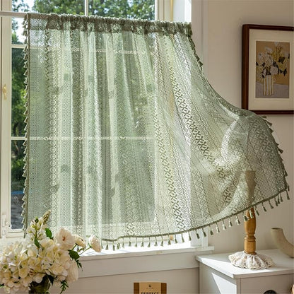 Sutuo Home Sage Green Boho Lace Short Curtains 2 Panels 50" W x 36" L | Sheer by SutuoHome