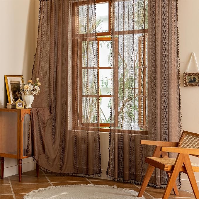 Sutuo Home Dark Coffee Boho Lace Curtains 108 inches Long - Image 9