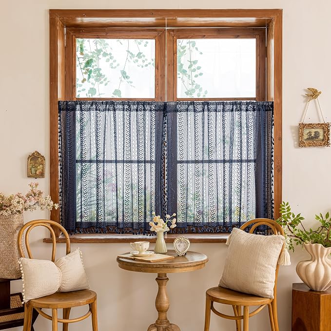 Sutuo Home Boho Lace Sheer Short Curtains Valance 2 Panels - Image 2