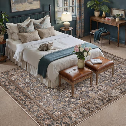 8x10 Brown Blue Vintage Floral Washable Area Rug - Image 3