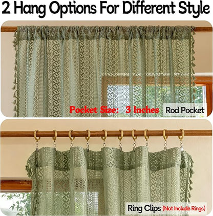 Sutuo Home Sage Green Boho Sheer Curtains 2 Panels - Image 5
