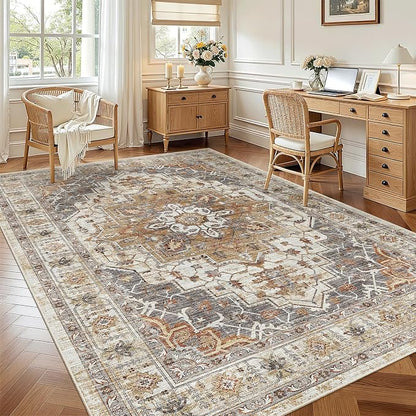 Madane 6x9 Area Rugs for Living Room, Vintage Washable Rug, Turmeric/Grey | - Image 4