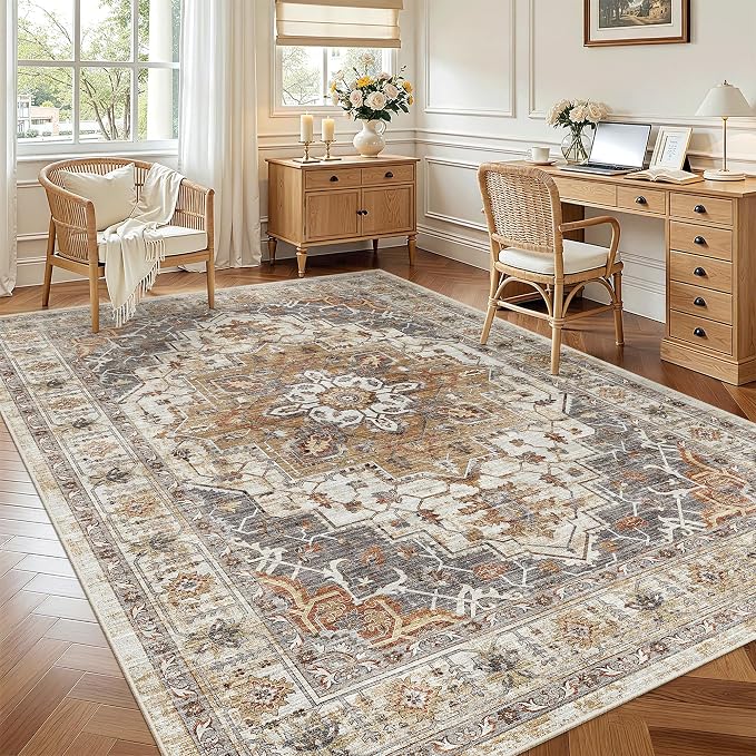 Madane 5x7 Area Rugs for Living Room, Non-Slip Washable Rug, Turmeric/Grey | - Image 2