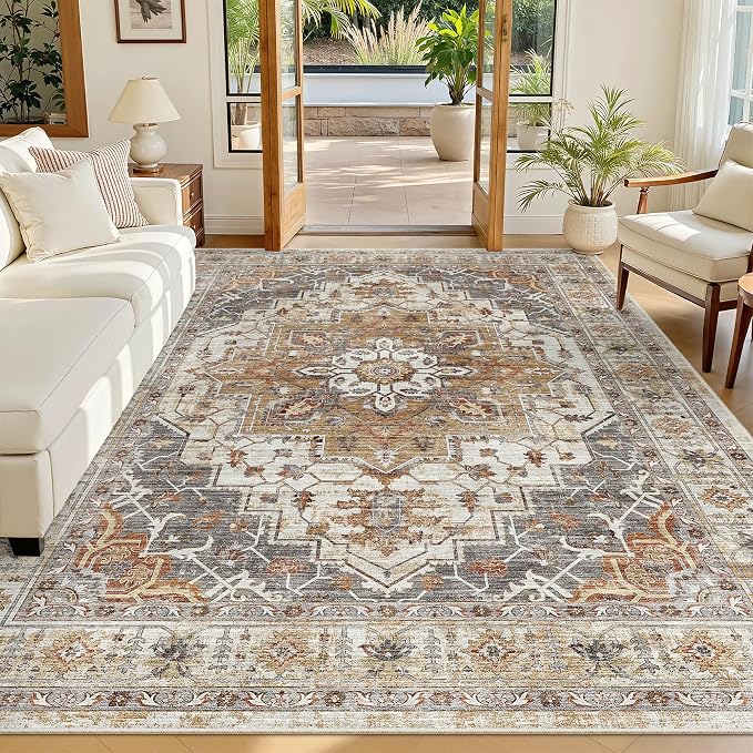 Madane 6x9 Area Rugs for Living Room, Vintage Washable Rug, Turmeric/Grey | by Madane
