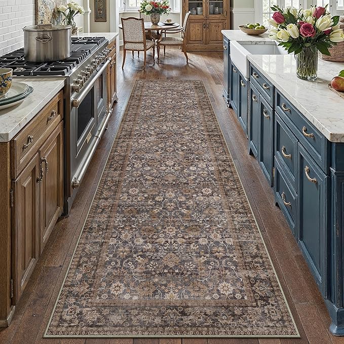 3x10 Brown Blue Vintage Floral Washable Runner Rug by HUGEAR