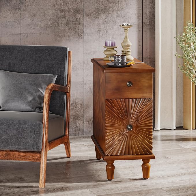 Solid Wood Sunburst End Table, No Assembly Required 2 Drawers Sofa Side Table - Image 7