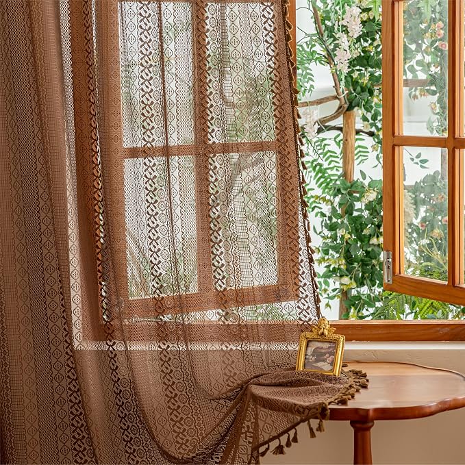Sutuo Home Dark Coffee Boho Lace Curtains 72 inches Long by SutuoHome