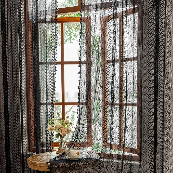 Sutuo Home Black Boho Sheer Curtains 84 inches Long - Image 5
