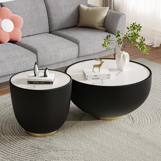 SSLine Bowl-Shape Coffee Table Set of 2 Modern Sintered Stone Top Nesting - Image 4