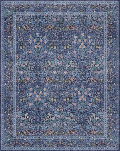 Dark Blue Living Room Rug 8x10, Vintage Floral Washable Area Rugs - Image 3