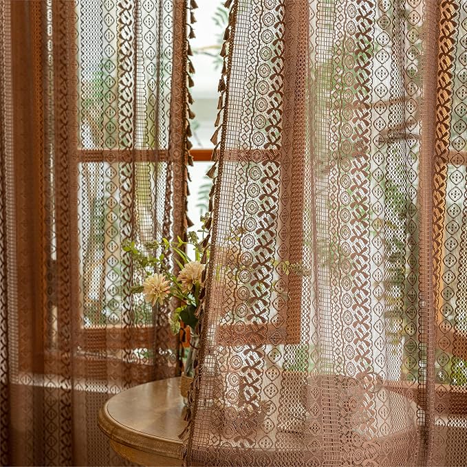 Sutuo Home Dark Coffee Boho Lace Curtains 108 inches Long - Image 2