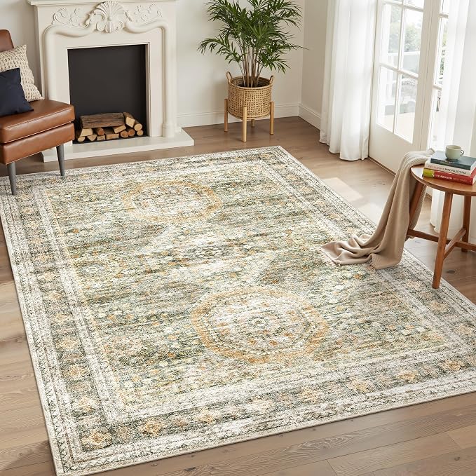 Soalmost 5x7 Area Rug Green/Orange Low Pile Washable Trendy Faded Style Rug | - Image 2