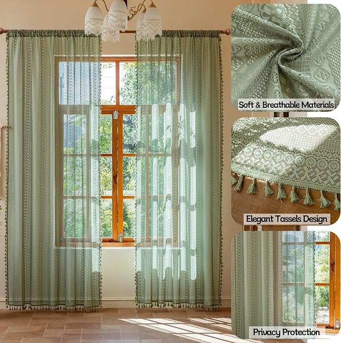 Sutuo Home Sage Green Boho Sheer Curtains 2 Panels - Image 2