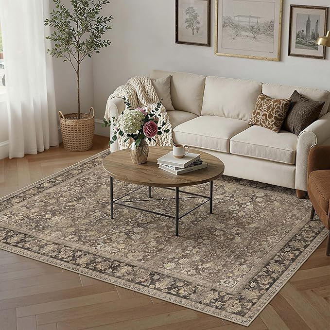 5x7 Washable Area Rug for Living Room | Brown Vintage Floral, Thick Mid Pile by HUGEAR