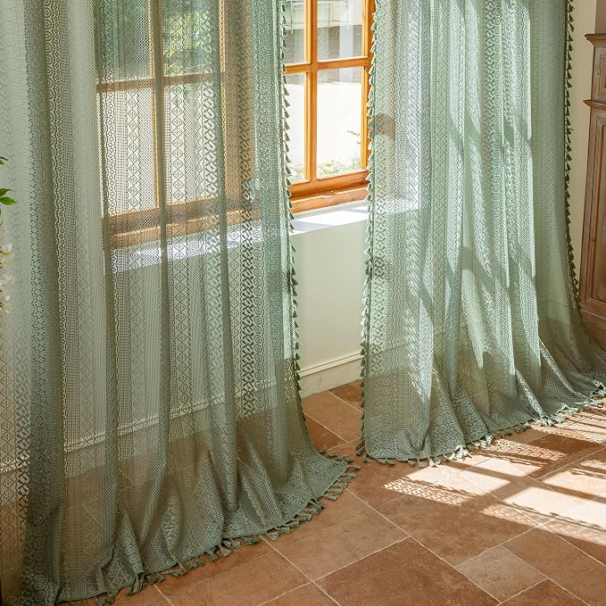 Sutuo Home Sage Green Boho Sheer Curtains 2 Panels by SutuoHome
