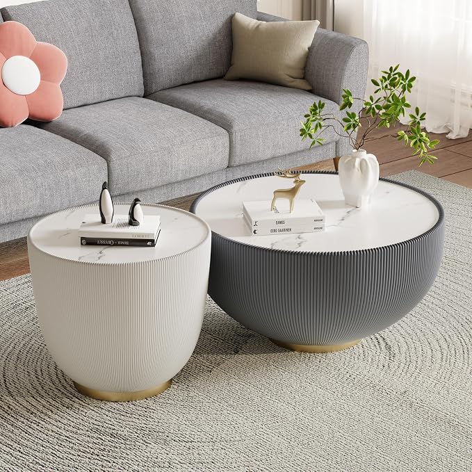 Round Marble Coffee Table 27.56" Bucket Shaped Fluted Coffee Table - Image 8