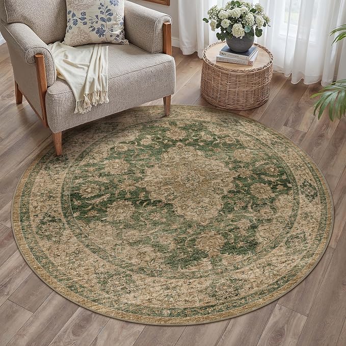 4ft Round Green Retro Floral Washable Rug by HUGEAR