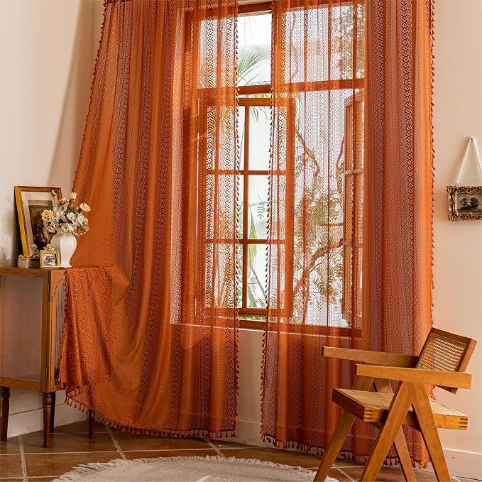 Sutuo Home Terracotta Boho Lace Curtains 2 Panels 84 Inches Long - Image 2