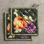 Maison d' Hermine Pot Holders Set 100% Cotton Heat Resistant Potholders 8" x 8" Hot Pads with Loop BBQ, Cooking, Baking, Grilling, Kitchen, Handling Hot Pans (Pack of 2, Pumpkin Garden - Dark Green)