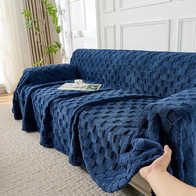 Fuzzy Navy Couch Cover for Sectional Sofa, Sofa Slipcover for 2 Cushion Couch - Image 5