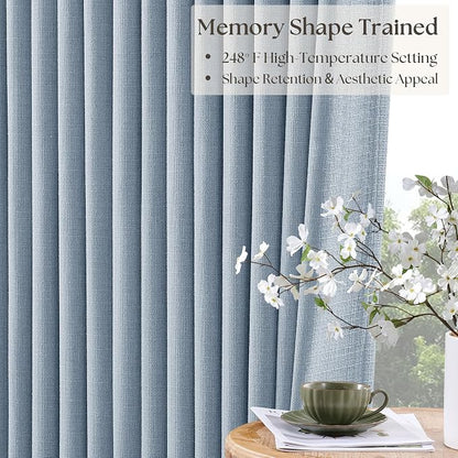 Light Blue Pinch Pleated Dual Layer Blackout Linen Curtains 102 Inches Long | - Image 5