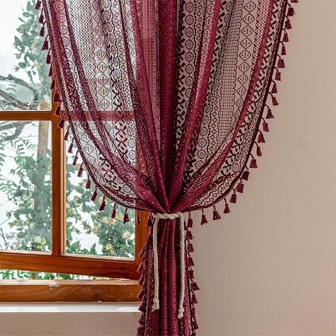 Sutuo Home Burgundy Boho Lace Curtains 72 inch Lengh - Image 4