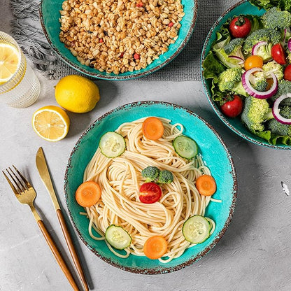 LEHAHA Melamine Pasta Bowl, 9.25 inch Large Wide and Shallow Bowls Set of 6, 42 OZ Unbreakable 100% Melamine Serving Bowls Set for Dinner, Noodle,Ramen,Salad, Fruit Bowl. Dishwasher Safe, Teal…