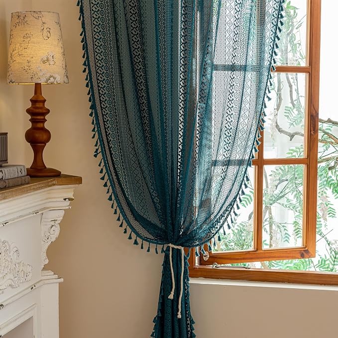 Sutuo Home Boho Lace Teal Curtains 96 inches Long - Image 6