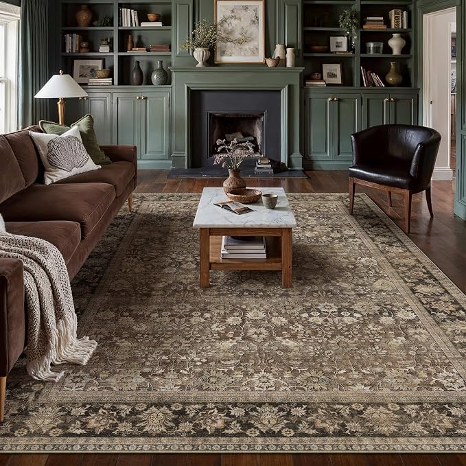6x9 Brown Vintage Floral Washable Area Rug - Image 3