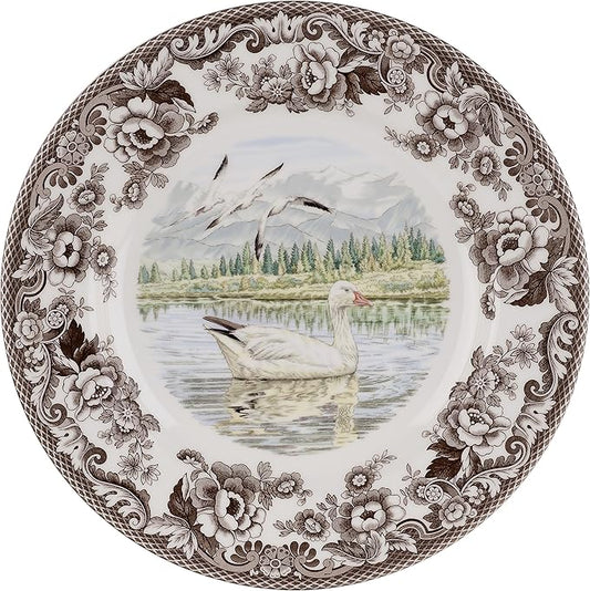 Spode Woodland Snow Goose Dinner Plate - 10.5 Inch Fine Earthenware with British Flowers Border, Microwave, Freezer, Dishwasher & Warm Oven Safe - Hunting-Themed Thanksgiving Plate, Made in England