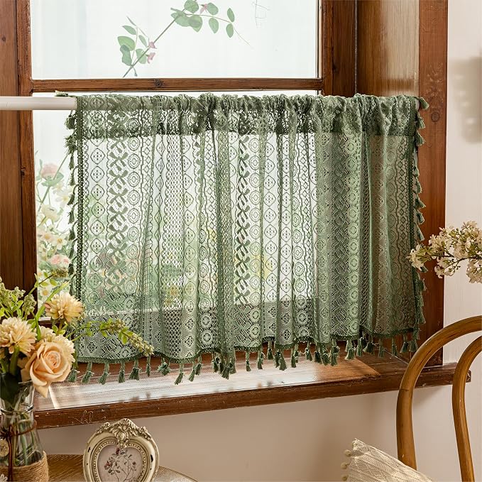Sutuo Home Olive Green Boho Window Curtains Valance 18 inches Long 2 Panels by SutuoHome