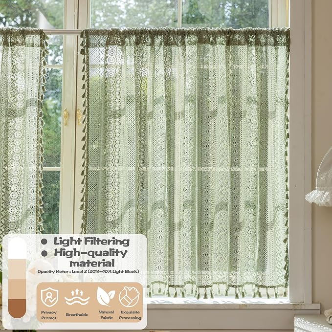 Sutuo Home Sage Green Boho Lace Short Curtains 2 Panels 50" W x 36" L | Sheer - Image 4