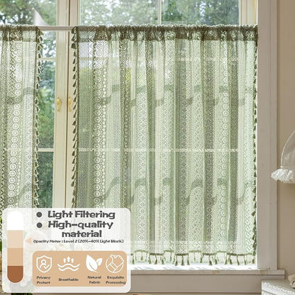Sutuo Home Sage Green Boho Lace Short Curtains 2 Panels 50" W x 36" L | Sheer - Image 4