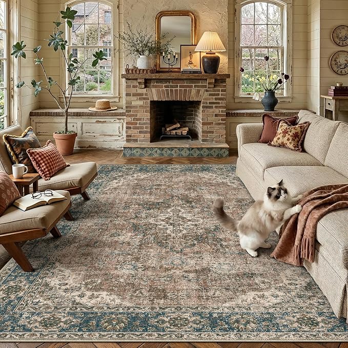 9x12 Blue Brown Retro Floral Washable Area Rug by HUGEAR