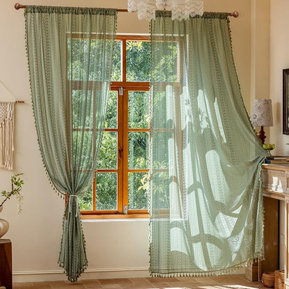 Sutuo Home Sage Green Boho Lace Curtains 2 Panels - Image 9