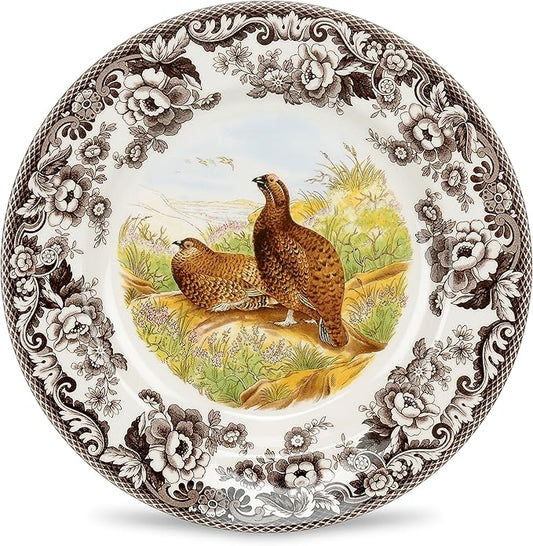 Spode Woodland Red Grouse Dinner Plate - 10.5" Fine Earthenware, British Flowers Border, Rustic Game Animal Design Made in England - Microwave, Freezer, Oven, Dishwasher Safe for Holiday Dining