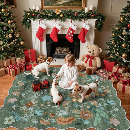 Floral Square Area Rug for Family: Washable 5x5 Scalloped Carpet for Living by HYHAOYUNLAI