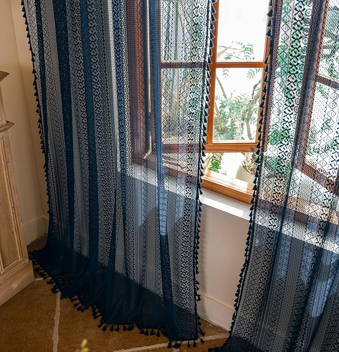 Sutuo Home Navy Blue Boho Sheer Curtains 72 inches Long - Image 8