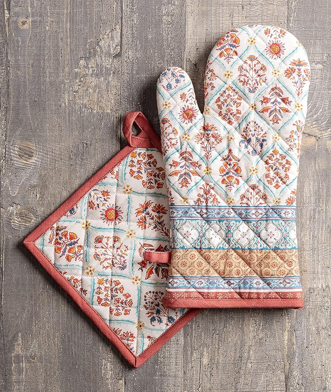 Maison d' Hermine 100% Cotton Oven Mitt & Pot Holder Set (7.5"x13" & 8"x8") Heat Resistant BBQ Cooking Gloves with Loop, Baking, Grilling, Kitchen, Handling Hot Pans (Romane)
