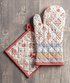 Maison d' Hermine 100% Cotton Oven Mitt & Pot Holder Set (7.5"x13" & 8"x8") Heat Resistant BBQ Cooking Gloves with Loop, Baking, Grilling, Kitchen, Handling Hot Pans (Romane)