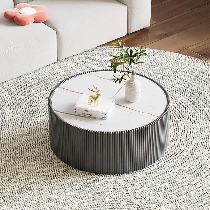 SSLine Round Drum Coffee Table Modern Sintered Stone Top Coffee Table in Grey - Image 3