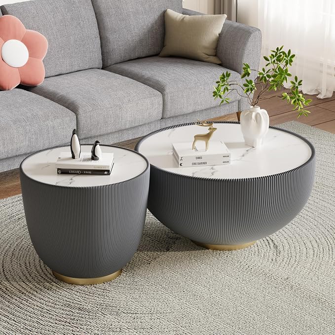 SSLine Bowl-Shape Coffee Table Set of 2 Modern Sintered Stone Top Nesting by SSLine