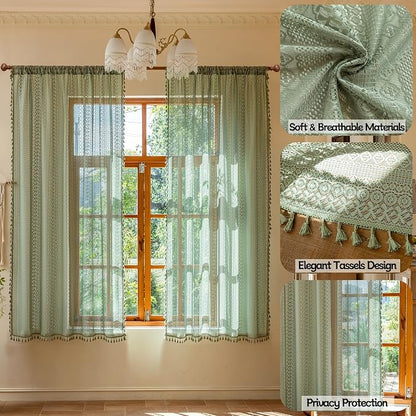 Sutuo Home Sage Green Boho Lace Curtains 2 Panels - Image 2