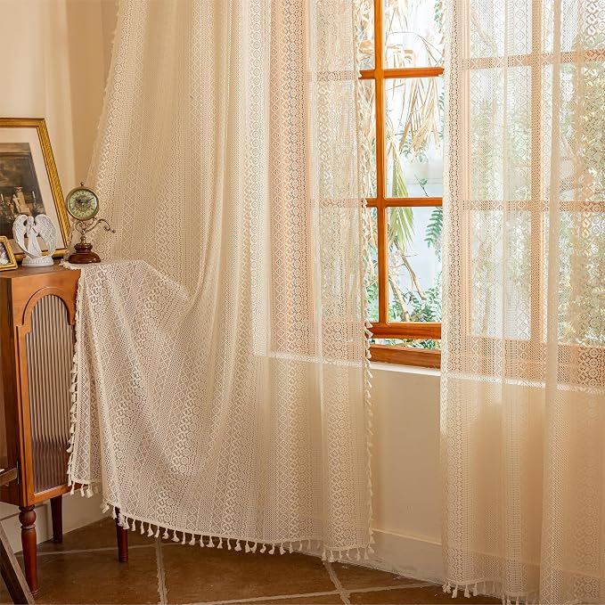 Sutuo Home Beige Boho Vintage Lace Curtains 108 inches Long - Image 3