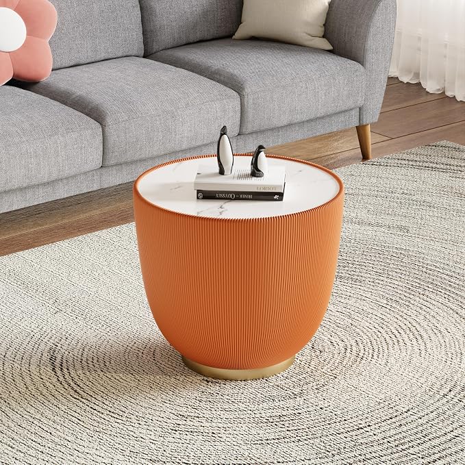 Henf Marble Round Side Table, 19.7" Fluted End Table by Henf