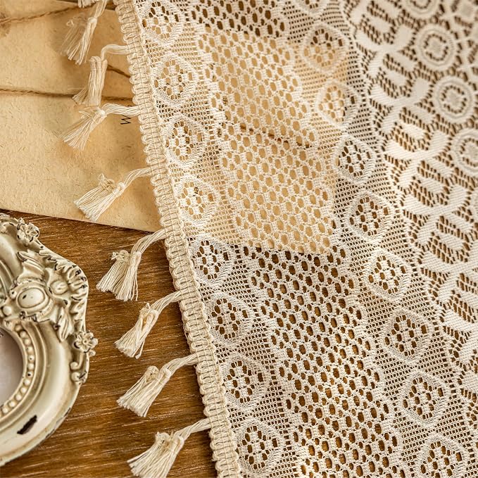 Sutuo Home Beige Boho Lace Short Kitchen Curtains 36 inches Long - Image 8
